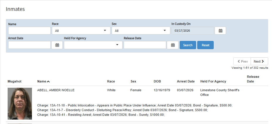 Limestone County Jail inmate search